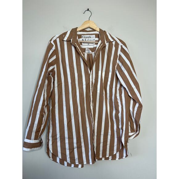 NEW Frank & Eileen Joedy Cotton Wide Stripe Button-Up Top Camel Size: Small - Picture 2 of 7